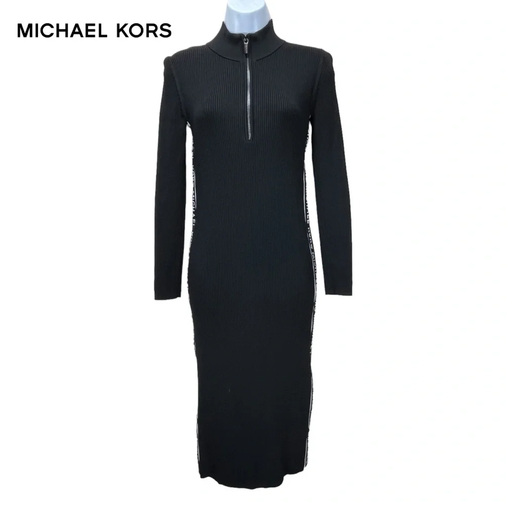 Michael Kors Black Ribbed Knit Logo Tape Zip Front Midi Dress‎ Women’s Medium